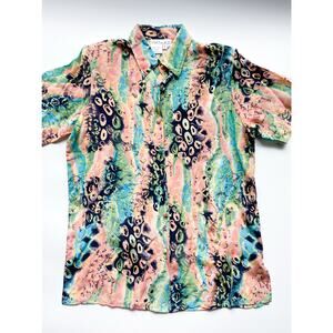 Vintage Silk Colorful Abstract Short Sleeve Button Down Size Medium